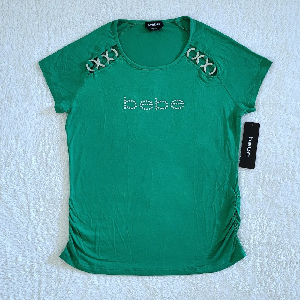 bebe Green💚 Top With Triple3️⃣ Silver🤍 Rings Detail - NWT - Picture 1 of 16